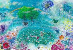 虹と地球に見守られる花畑で、子犬と蝶が命のきらめきを奏でる幻想的な絵。鮮やかな花々と舞う蝶、輝く空が希望を感じさせる
