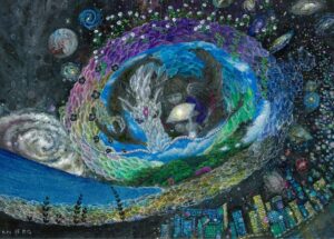 宇宙を舞う龍に抱かれ、祈りの光を抱く子どもが描かれた幻想的な絵
