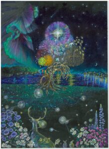 夜空の下、枝の多くを失い朽ちかけながらも立つ一本の木。空には色とりどりの花火が咲き、遠くの街や水面に光が揺れている。手前の暗い野原には鹿とうさぎ、紫や白、桃色の花々、小さな光が描かれている。